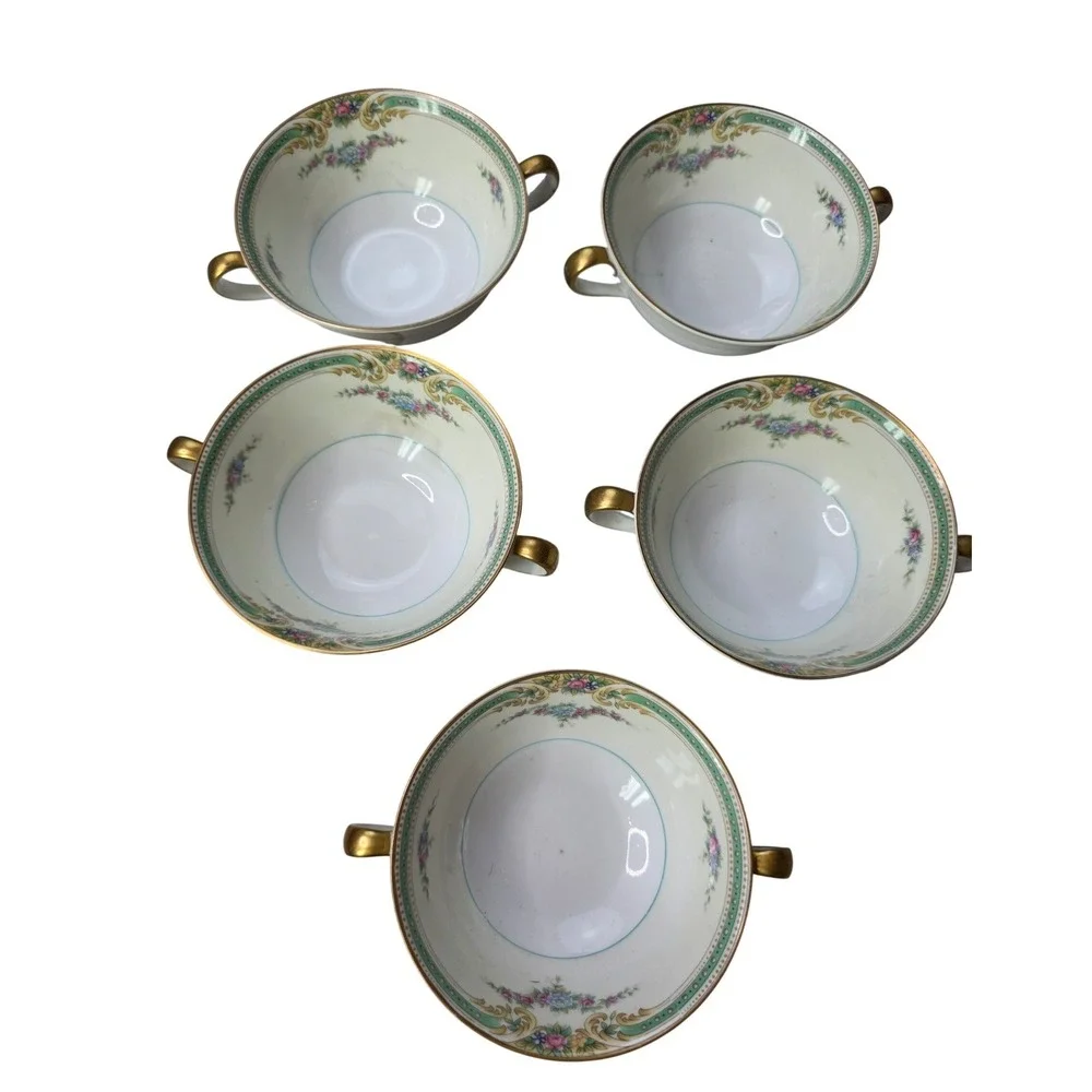 Noritake China Plaza‎ Cream Soup Bowls Set of 5 Double Handle Floral Gold Trim